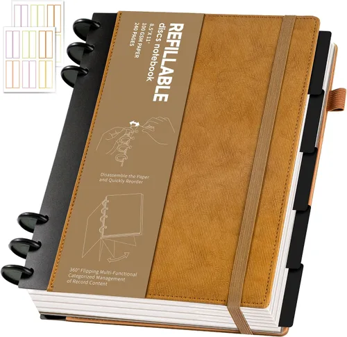 Miniatura 10 de Yoment - Cuaderno de diario de cuero para trabajo, recargable, 224 páginas, 100 GSM, papel grueso, cuaderno de 5 materias con separadores y pestañas
