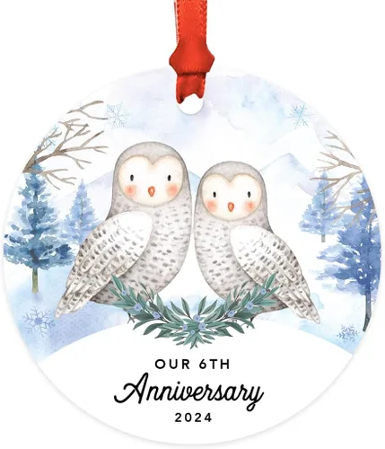 Miniatura 52 de Andaz Press Adorno redondo de recuerdo de Navidad, nuestro 10 aniversario 2025, búhos de nieve de invierno en acuarela, 1 paquete, incluye cinta