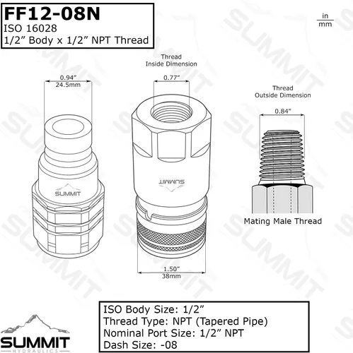 Miniatura 2 de Summit Hydraulics 1/2" Acopladores Hidráulicos de Conexión Rápida de Cara Plana para Dirección de Patín Bobcat Set con Tapas Antipolvo