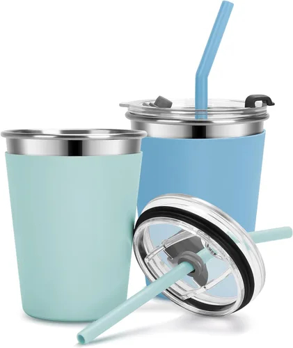 Vasos para Niños con Pajitas y Tapas a Prueba de Fugas, Vasos para Sorber de 12 onzas para Niños Pequeños de 1 a 3 años Sin Derrames, Paquete de 2