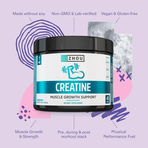 Miniatura 4 de Zhou Creatina - Monohidrato de creatina en polvo para mujeres y hombres, puro, sin sabor, suplemento vegano de fuerza muscular para tu