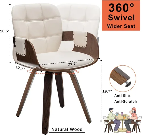 Miniatura 2 de Juego de 2 sillas de comedor giratorias, sillas de comedor modernas de mediados de siglo con brazos y respaldo curvo, madera curvada de piel Nogal
