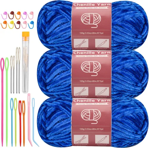 Miniatura 49 de LUNARM Hilado de chenilla para tejer y hacer ganchillo, 3 madejas de 240 metros de hilo grueso, suave y voluminoso, para tejer mantas, ropa y Beige