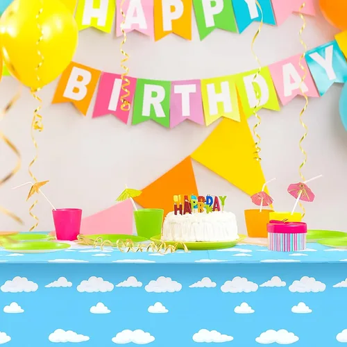 Miniatura 5 de Tatuo 4 piezas de suministros de fiesta de cumpleaños de cielo azul y nubes blancas, mantel de historias de dibujos animados, mantel de mesa