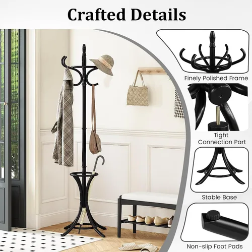 Miniatura 5 de Tangkula Perchero con soporte para paraguas, perchero independiente de 73 pulgadas con 12 ganchos, entrada de madera para ropa, bolsos, sombreros
