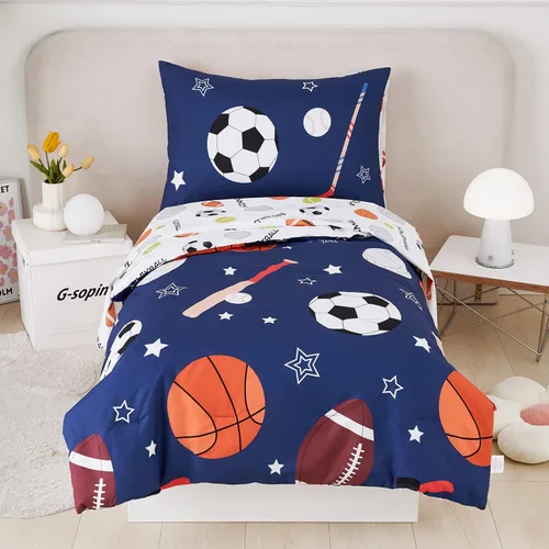 Miniatura 14 de URBONUR Juego de ropa de cama de 4 piezas para niños pequeños - Juego de edredón ultra suave con dibujos animados de animales del zoológico rosa