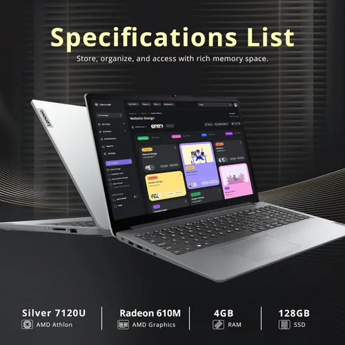 Miniatura 2 de Lenovo IdeaPad - Laptop HD de 15.6 pulgadas, AMD Athlon Silver 7120U, 4 GB de RAM, SSD de 128 GB, AMD Radeon 610M, teclado numérico, batería