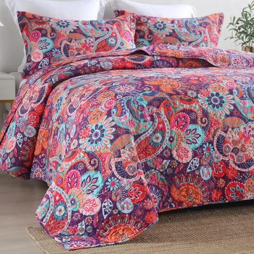 Miniatura 2 de VISIMISI - Juego de colchas de algodón, juego de cubrecama reversible con estampado floral de cachemira bohemio, patrón rojo bohemio hermoso