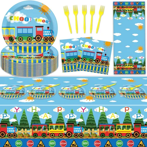 Juego de 61 piezas de vajilla de fiesta de tren de tren de Chugga Choo, platos de automóvil de dibujos animados, servilletas y mantel, suministros