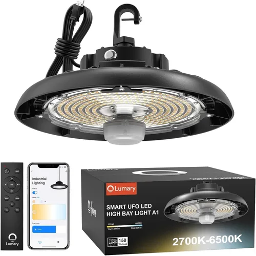Miniatura 10 de Lumary Smart Bluetooth UFO LED High Bay Light Sensor de movimiento de 100 W, 16,000 lm 5000 K regulables luces de garaje para taller, compatible