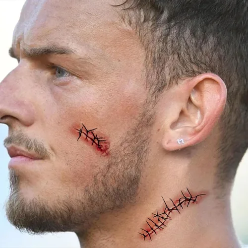 Miniatura 4 de NEDEQI - 20 hojas de tatuajes temporales de zombi de Halloween, tatuajes de sangre falsos de cicatriz de Chucky, impermeables, realistas, puntadas