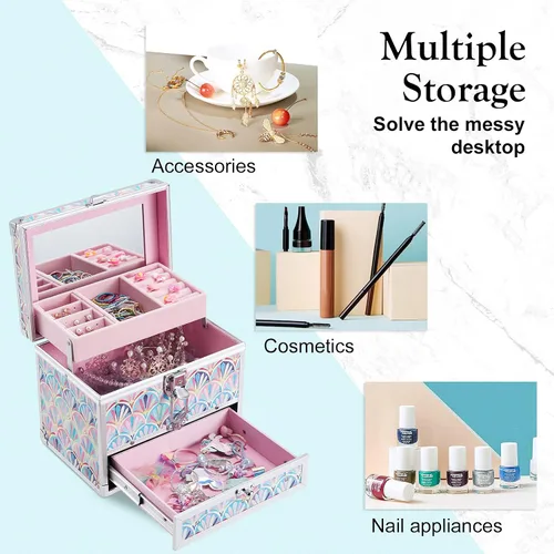 Miniatura 5 de Hododou Joyero organizador para niñas con cajón y espejo, estilo cola de sirena, estuche de almacenamiento con cerradura para niños o niñas