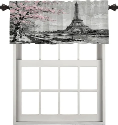Miniatura 105 de Cortinas opacas de cocina con pintura al óleo de Europa rosa y negra para ventanas, cenefas opacas modernas de torre Eiffel de poliéster multicapa