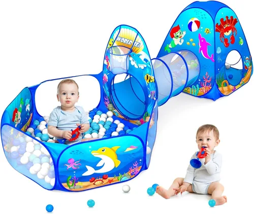 Miniatura 9 de PigPigPen Tienda de campaña 3 en 1 para niños con túnel de juego, pozo de bolas, aro de baloncesto para niños y niñas, juguete de casa