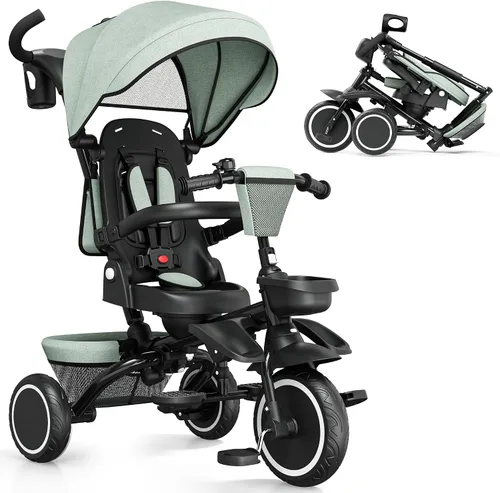 Miniatura 11 de TODEFULL - Triciclo plegable para niños, 8 en 1, triciclo para bebé con toldo extraíble y ajustable, mango para padres, arnés de seguridad de 5