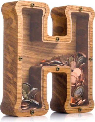 Miniatura 22 de Alcancía de madera personalizada con letra para niños, niñas y adultos, bancos de monedas de madera de roble duradero, 3 tamaños para elegir