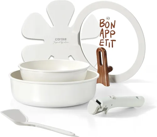 CAROTE Juego de ollas y sartenes de cerámica antiadherentes, juegos de utensilios de cocina antiadherentes con tapa, juego de sartenes con asa