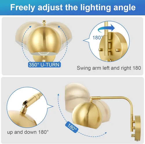 Miniatura 3 de Apliques de pared VATONI enchufables, apliques de pared regulables con brazo oscilante con cable de enchufe y interruptor de regulación con botón