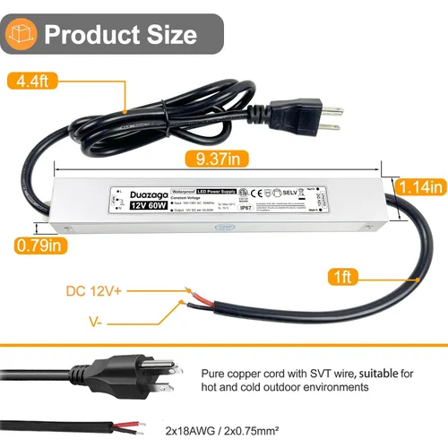 Miniatura 3 de Controlador LED Fuente de alimentación de 12 voltios 120 V AC a 12 V CC Convertidor 60W 5A Transformador de bajo voltaje IP67 Adaptador