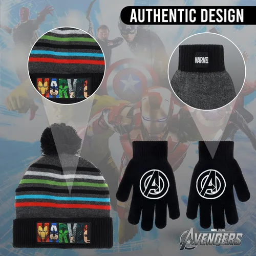 Miniatura 5 de Marvel Avengers - Juego de sombreros de invierno y guantes de nieve para niños y niños pequeños con lindos guantes y gorro suave, pompones esponjosos