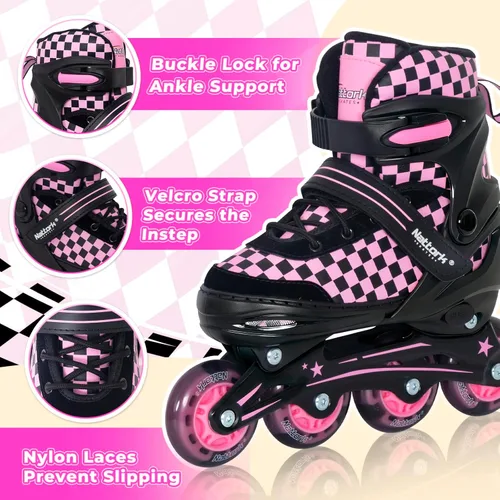Miniatura 3 de Nattork Patines en línea ajustables para niños y adolescentes, ruedas iluminadoras, patines con diseño de tablero de ajedrez para niños y niñas Rosa