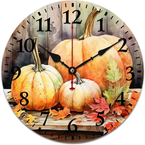 Miniatura 13 de Reloj de pintura de tinta acuarela amarillo verde calabazas hojas redondo creativo reloj decorativo sin tictac Acción de Gracias o Halloween reloj