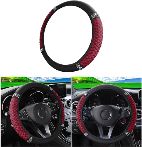Miniatura 16 de Osilly Funda brillante para volante de automóvil, 15 pulgadas, con diamantes de imitación brillantes, piel suave, protector elástico, para mujeres