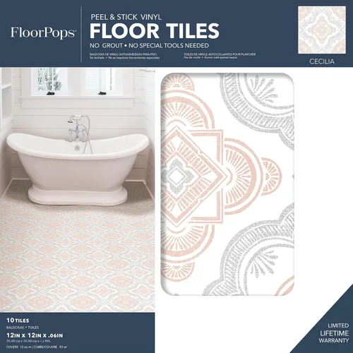 Miniatura 2 de FloorPops FP3566 Cecilia - Azulejos adhesivos para suelo Peel Stick, blanco y blanco roto