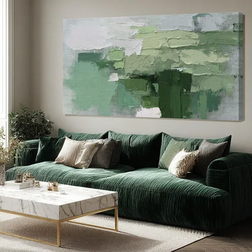Miniatura 15 de SHEYOYE Lienzo abstracto de montaña gris azul y gris pardo con colinas verde oliva, 32 x 71 pulgadas, decoración de paisaje con textura grande