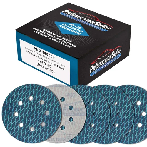 ProductionShop Premium Discos de Lijado Azules con Forma de Diamante de Rombo de 5 Pulgadas de Grano 80, 8 Agujeros, Caja de 50 - Papel de Lija Sin