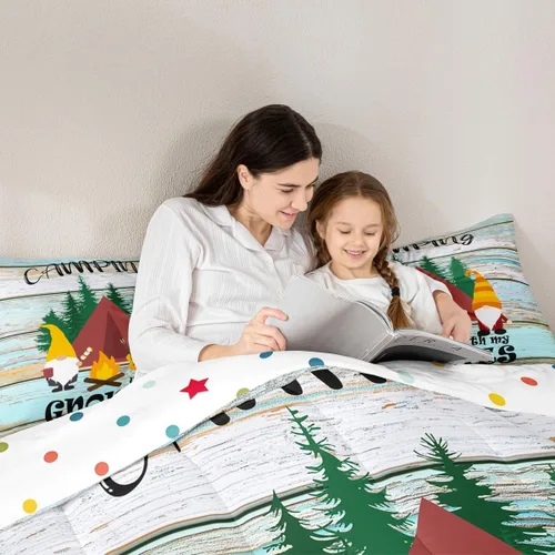 Miniatura 5 de Juego de ropa de cama de campamento para niños, tamaño individual, juego de edredón de gnomos kawaii para niños y niñas, edredón vintage de madera