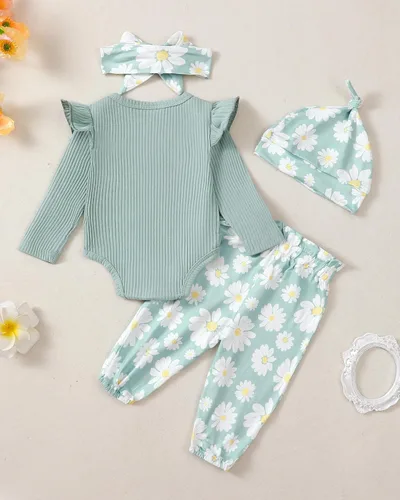 Miniatura 100 de Renotemy Conjunto de ropa para bebé recién nacida, mameluco con volantes, pantalones florales, lindo conjunto de ropa para bebé niña