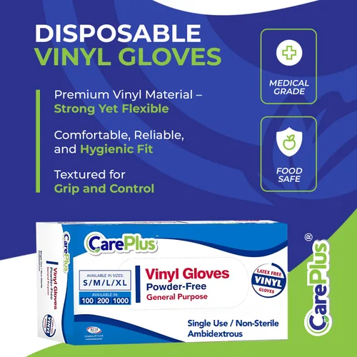Miniatura 2 de Care Plus – Guantes de vinilo desechables, sin talco, transparentes, sin látex, hipoalergénicos, caja de 100, M