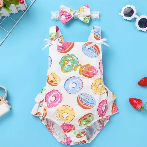 Miniatura 2 de IBTOM CASTLE Traje de bebé niña de primer cumpleaños princesa sin mangas sin espalda mameluco verano pastel traje con diadema de lazo