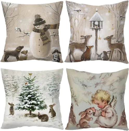 Miniatura 29 de Funda de Almohada Decorativa de Animales Navideños - 18 x 18 Pulgadas Funda de Almohada de Mascota Muñeco de Nieve Jarrón Ciervo Perro Conejo Pájaro
