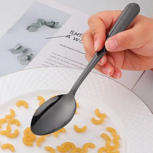 Miniatura 3 de MINGYU Juego de 12 cucharas de acero inoxidable, elegantes cucharas de sopa negras, cucharas de mesa de 7 pulgadas, cucharas de titanio