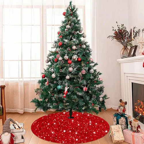 Miniatura 5 de MODFUNS Falda Roja para Árbol de Navidad Mini Faldas con Purpurina para Árbol de 21 Pulgadas Falda para Árbol de Navidad con Lentejuelas Tapete
