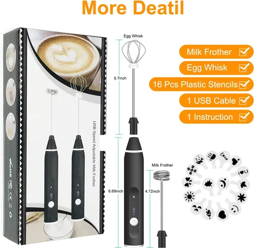 Miniatura 7 de Gbivbe - Espumador de leche de mano, mezclador de bebidas recargable para café con plantillas artísticas, mezclador de café para capuchino