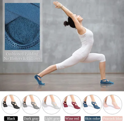 Miniatura 10 de Geyoga 6 pares de calcetines de pilates para mujer, calcetines de barre para yoga, ballet, baile, calcetines antideslizantes con correas de agarre
