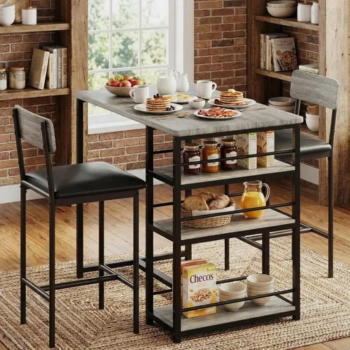 GarveeHome Juego de mesa de comedor para 2, mesa de cocina de altura de mostrador con 2 taburetes de bar tapizados, mesa de comedor y sillas con