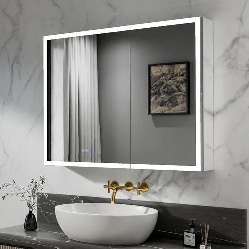 Miniatura 10 de ExBrite Botiquín iluminado de 28 x 32 pulgadas, armario con espejo LED empotrado/superficie con reloj y pantalla de temperatura, desempañamiento