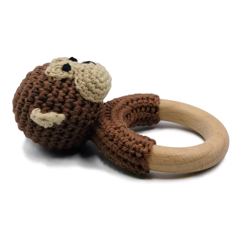 Miniatura 2 de Joliecraft Juguetes de sonajero de madera de animales de safari para bebé, sonajero de ganchillo relleno con anillo de mordedor para recién nacido