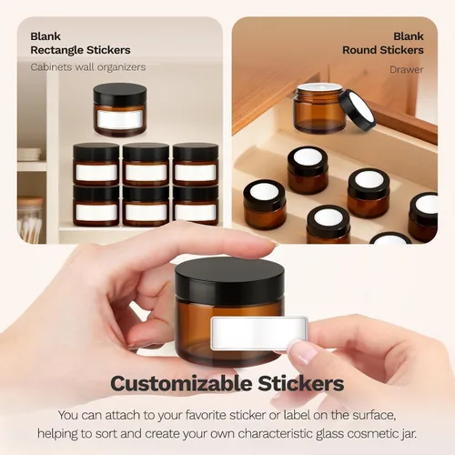 Miniatura 7 de Bumobum - Tarros de vidrio de 1 onza con tapas, paquete de 48 tarros de crema ámbar con tapas negras, etiquetas blancas y negras y revestimientos