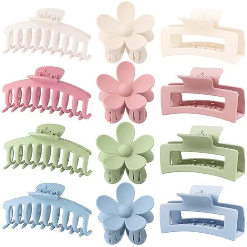 Miniatura 9 de Pinzas Grandes para Cabello Tipo Garra, Paquete de 12, Pinzas para Cabello con Flores para Cabello Fino, Grande Cuadrado Mate Sujeción Fuerte