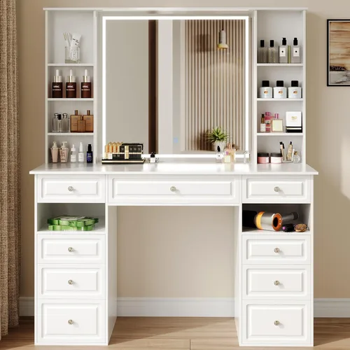 Wildhome Escritorio de tocador de maquillaje con espejo y luces, mesa de tocador grande de 47 pulgadas con 9 cajones y 10 estantes de almacenamiento