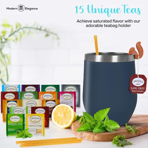 Miniatura 3 de Juego de regalo de té para mujeres y hombres – Elegante juego de té para mujer con 15 tés únicos, vaso de acero inoxidable y 10 pajitas de miel