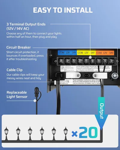 Miniatura 5 de DEWENWILS Transformador de bajo voltaje de 200 W con 3 salidas de control independientes, transformador de paisaje con temporizador y sensor