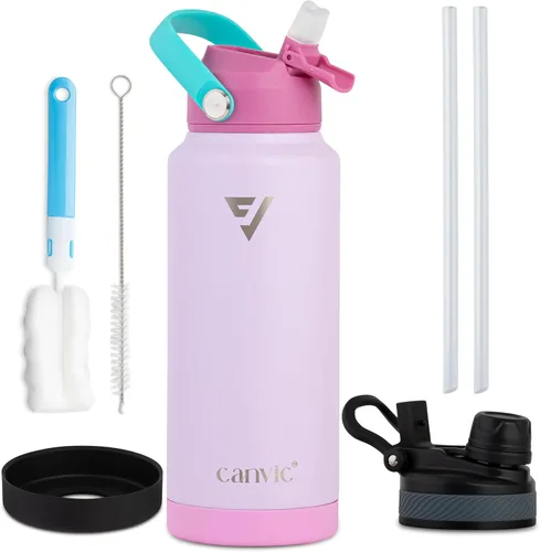 Miniatura 11 de Canvic DualSip - Botella de agua de acero inoxidable aislada al vacío de 32 onzas, 2 tapas a prueba de fugas (pajilla y pico), boca ancha, sin BPA