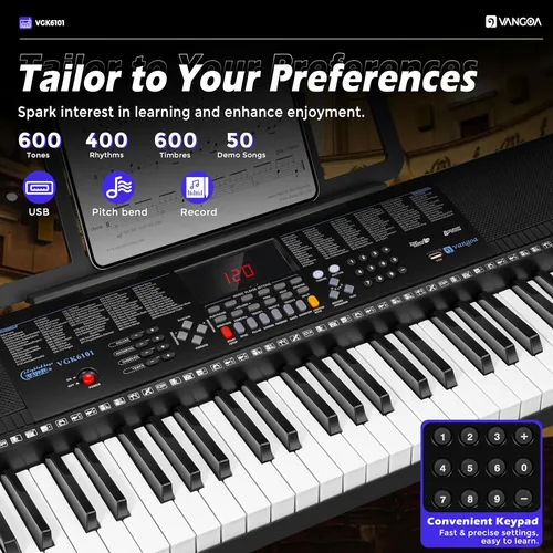 Miniatura 4 de Vangoa Piano de Teclado Eléctrico de 61 Teclas, Kit de Teclado de Piano Electrónico con Luces, 600 Voces, 400 Ritmos con Soporte para Piano, Negro