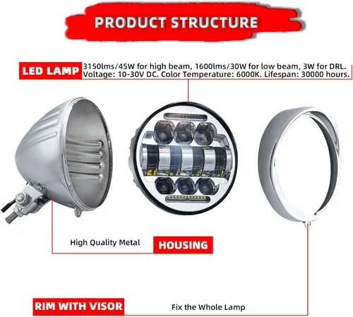 Miniatura 3 de FATECIM Faro delantero LED redondo de 5.75" para motocicleta con visera, 5 3/4 pulgadas, haz alto/bajo, DRL, lámpara frontal de montaje inferior